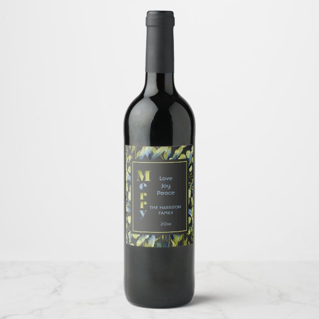 Rustic Merry Green Blue Foliage Christmas Wine Label (Front)