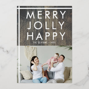 Rustic Merry Jolly Wood Family Photo Christmas Foil Holiday Card