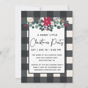 Rustic Merry Little Christmas Party Floral Plaid Invitation