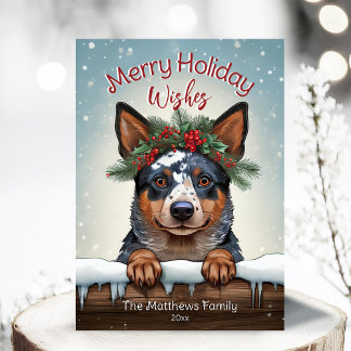 Rustic Merry Wishes Australian Cattle Dog Snowy Holiday Card