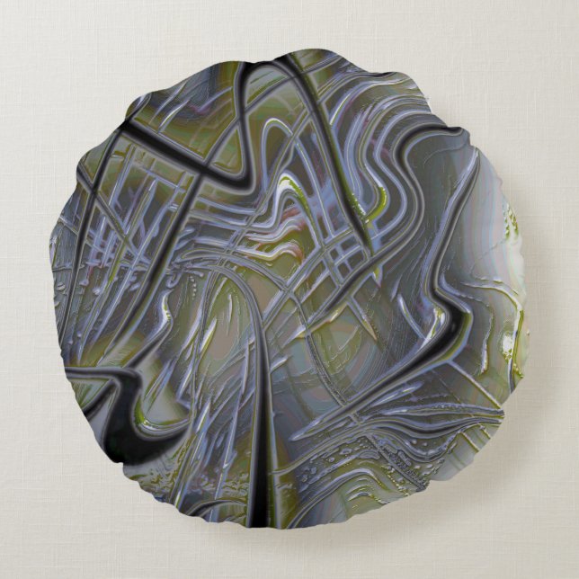 Rustic messy traces on a soft yellowish green gray round pillow (Back)