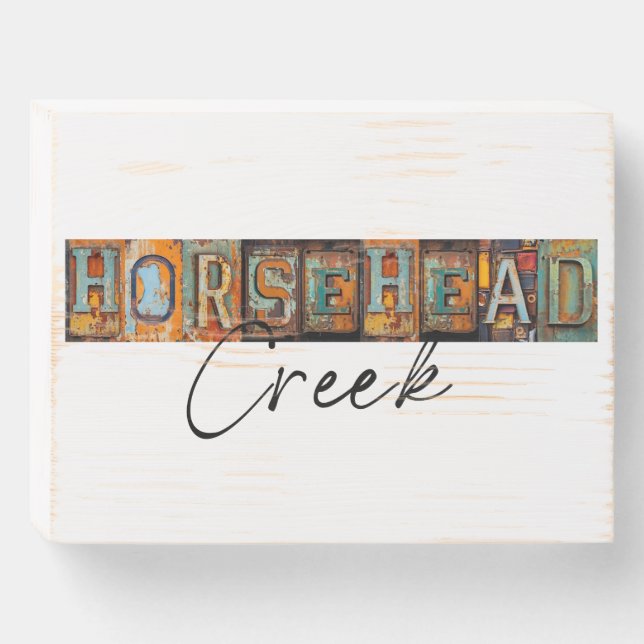 Rustic Metal Horsehead Creek Louisiana State Wooden Box Sign (Front Horizontal)