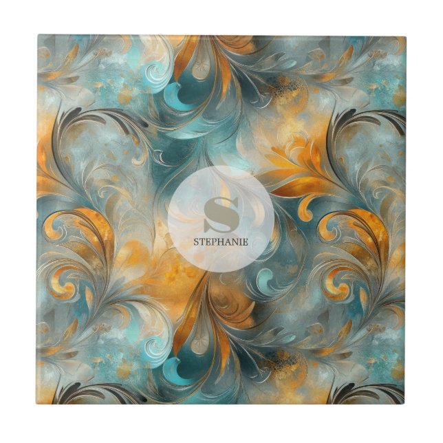 Rustic Metallic Paisley Abstract -Vintage-Inspired Ceramic Tile (Front)