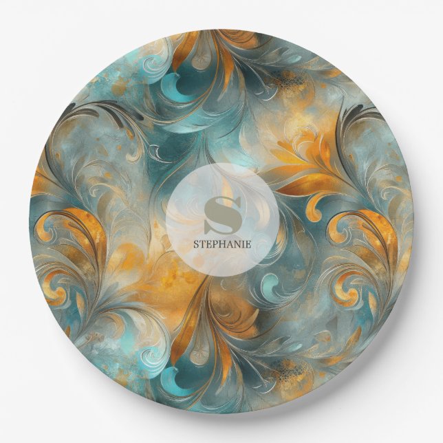 Rustic Metallic Paisley Abstract -Vintage-Inspired Paper Plates (Front)