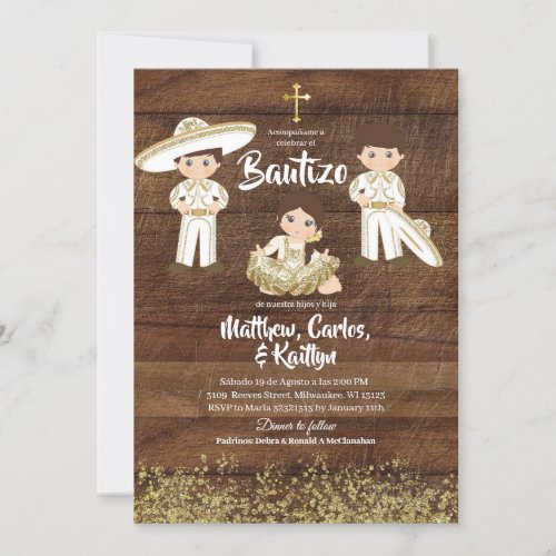 Rustic Mexican Cactus Gold Charro Sibling Bautizo Invitation