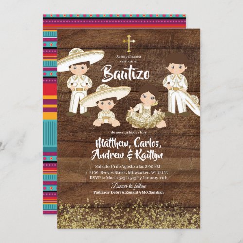 Rustic Mexican Cactus Gold Charro Sibling Bautizo Invitation