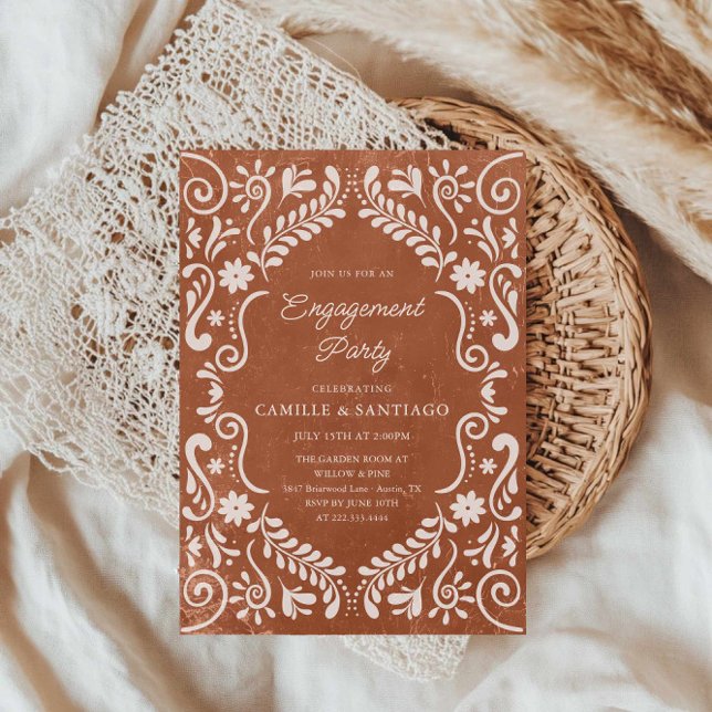 Rustic Mexican Papel Picado Engagement Party Invitation (Terracotta Papel Picado Engagement Party Invitation)