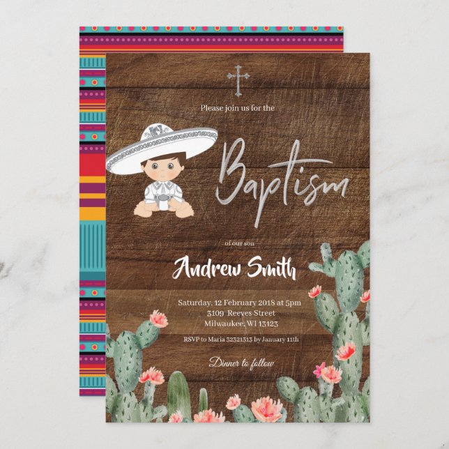 Rustic Mexican Silver Charro Baptism Boy Invitation (Front/Back)