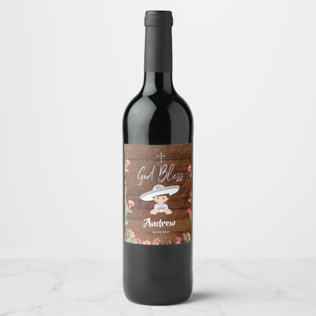 Rustic Mexican Silver Charro Baptism Wine Label (Front)