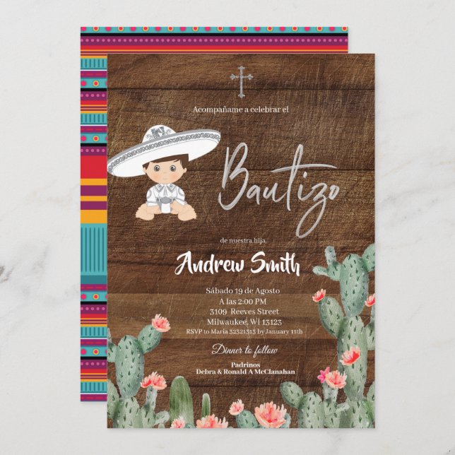 Rustic Mexican Silver Charro Boy Bautizo Invitation (Front/Back)