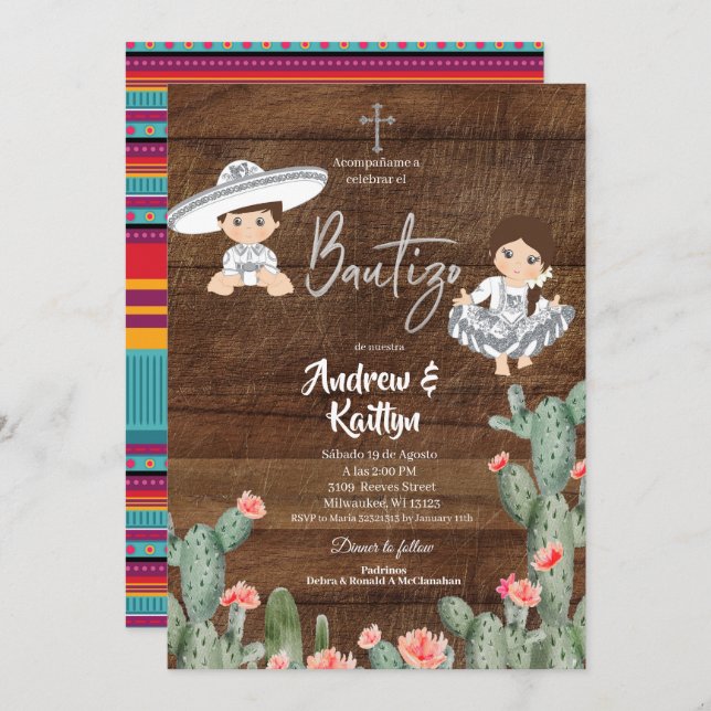 Rustic Mexican Silver Charro Boy Girl Twin Bautizo Invitation (Front/Back)