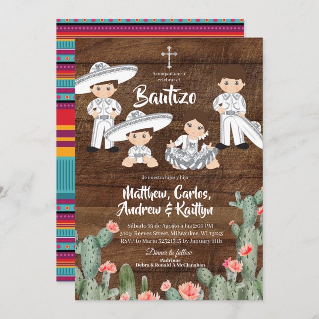 Rustic Mexican Silver Charro Sibling Bautizo Invitation (Front/Back)