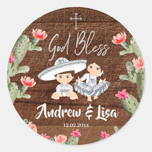 Rustic Mexican Silver Charro Twin Baptism Sticker (Front)