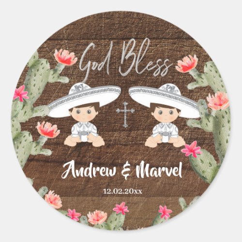Rustic Mexican Silver Charro Twins Boy Baptism Classic Round Sticker
