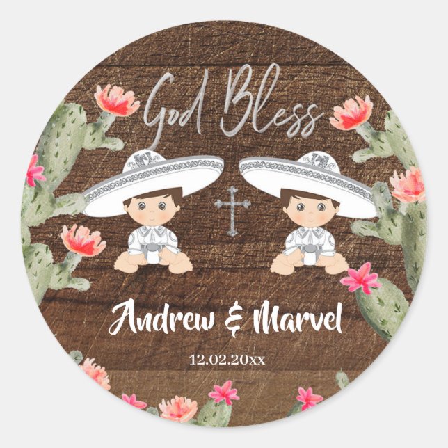 Rustic Mexican Silver Charro Twins Boy Baptism Classic Round Sticker (Front)