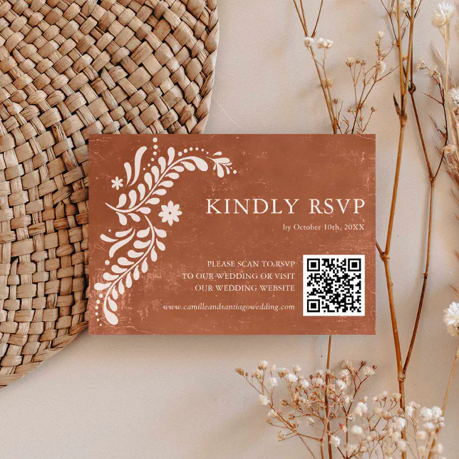 Rustic Mexican Terracotta Wedding QR Code RSVP Card
