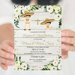 Rustic Mexican Twin Boy Baptism & Third Birthday Invitation