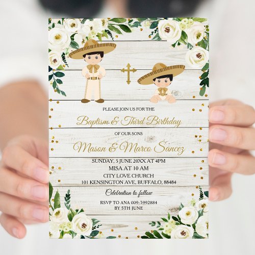 Rustic Mexican Twin Boy Baptism  Third Birthday Invitation