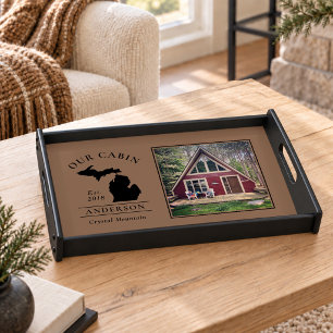 Rustic Michigan Our Cabin Family Name Photo Serving Tray