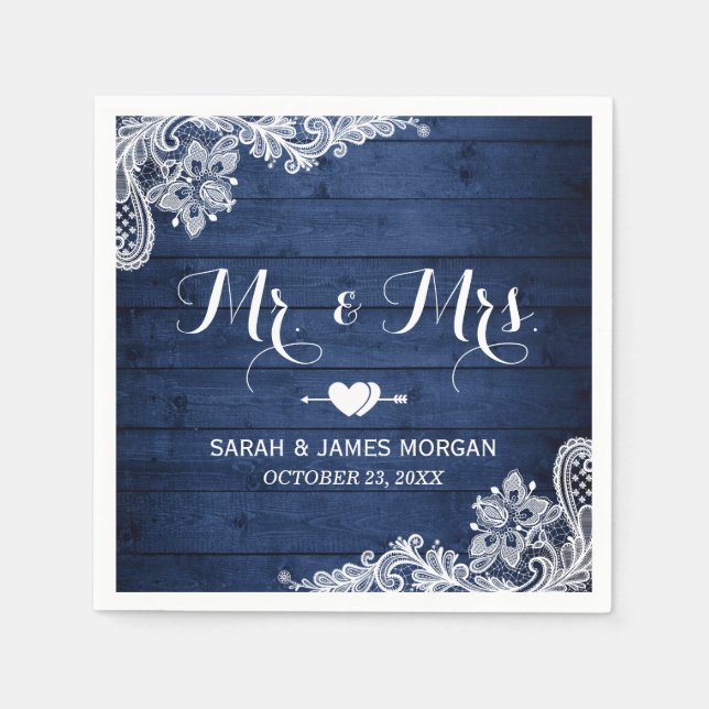 Rustic Midnight Blue Lace Mr. and Mrs. Wedding Napkins (Front)