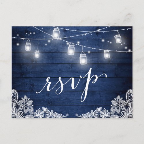 Rustic Midnight Blue Mason Jar Lights Wedding RSVP Invitation Postcard - Rustic Wood Midnight Blue Mason Jar Lights Lace Wedding RSVP Reply Card. 
(1) For further customization, please click the "customize further" link and use our design tool to modify this template. 
(2) If you need help or matching items, please contact me.