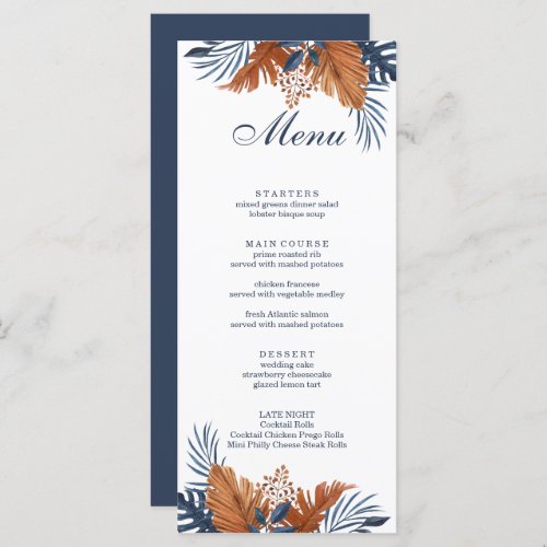 Rustic Midnight Blue Monstera Menu Card