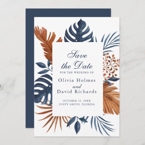  Rustic Midnight Blue Monstera Save the Date Card