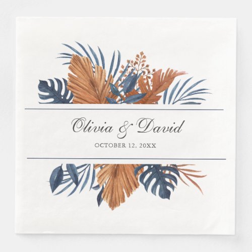 Rustic Midnight Blue Monstera Wedding Napkins