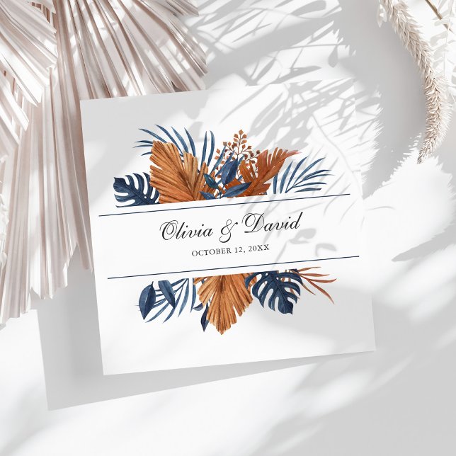 Rustic Midnight Blue Monstera Wedding Napkins (Rustic Midnight Blue Monstera Wedding Napkins on a sunny white table.)