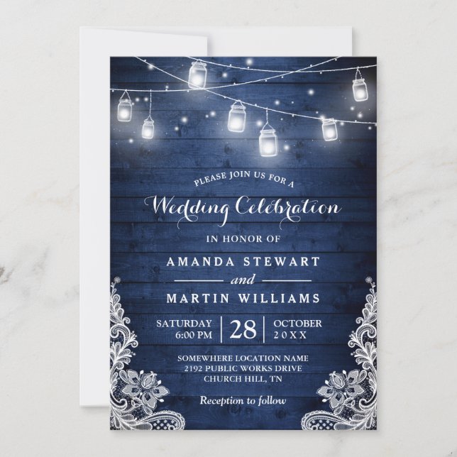 Rustic Midnight Blue String Lights Lace Wedding Invitation (Front)