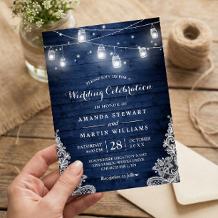 Rustic Midnight Blue String Lights Lace Wedding Invitation