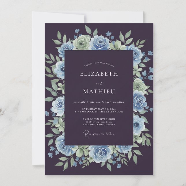 Rustic Midnight Cornflower Wreath Wedding Invitation (Front)