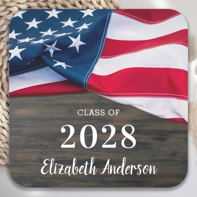 Rustic Military Graduation American Flag Patriotic Square Paper Coaster (Creator Uploaded)