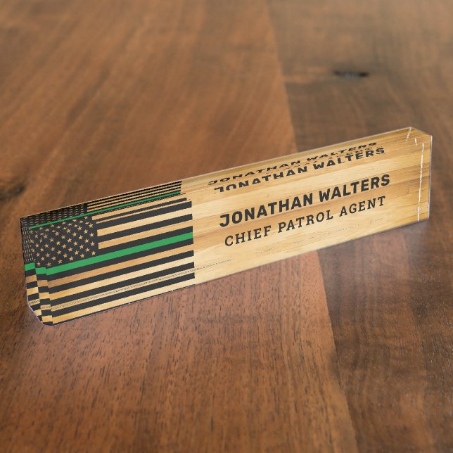 Rustic Military Officer Thin Green Line Flag Wood Desk Name Plate (Side)