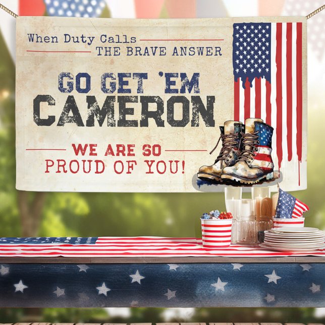 Rustic Military US Flag Going Away Farewell Party Banner (Rustic Patriotic US flag boots red white navy blue military duty going away farewell party banner)