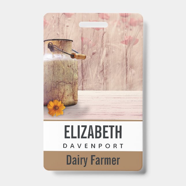 Rustic Milk Can Country Style on Wood Badge (Front)