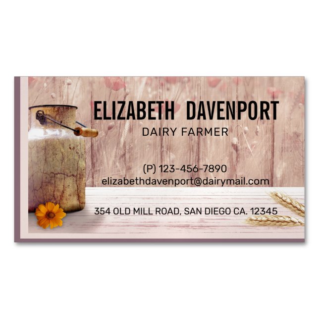 Rustic Milk Can Country Style on Wood Business Card Magnet (Front)