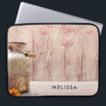 Rustic Milk Can Country Style on Wood Laptop Sleeve<br><div class="desc">Personalized laptop sleeve with a rustic country design. An old rusting milk can with a pretty orange flower. Wheat and faded red poppies in the background set against a faint wood panel. Wood is just an image,  not real.</div>
