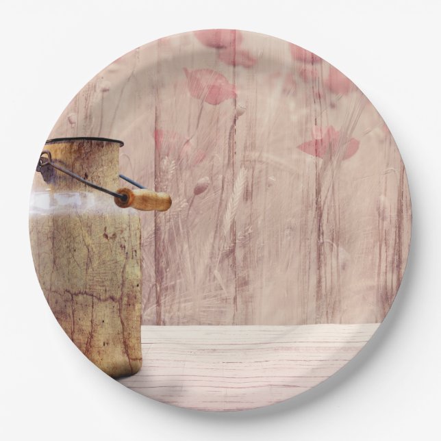 Rustic Milk Can Country Style on Wood Paper Plates (Front)