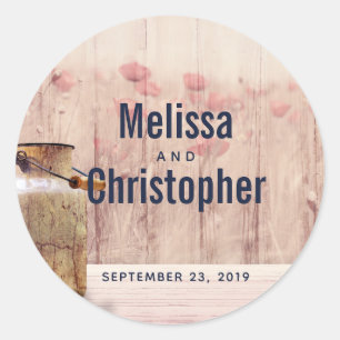 Rustic Milk Can with Wheat and Flowers Wedding Classic Round Sticker