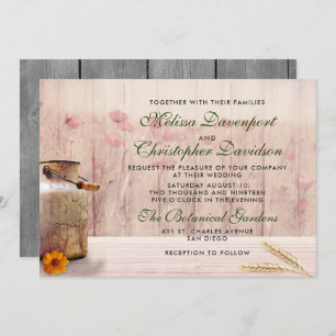 Rustic Milk Can with Wheat and Flowers Wedding Invitation