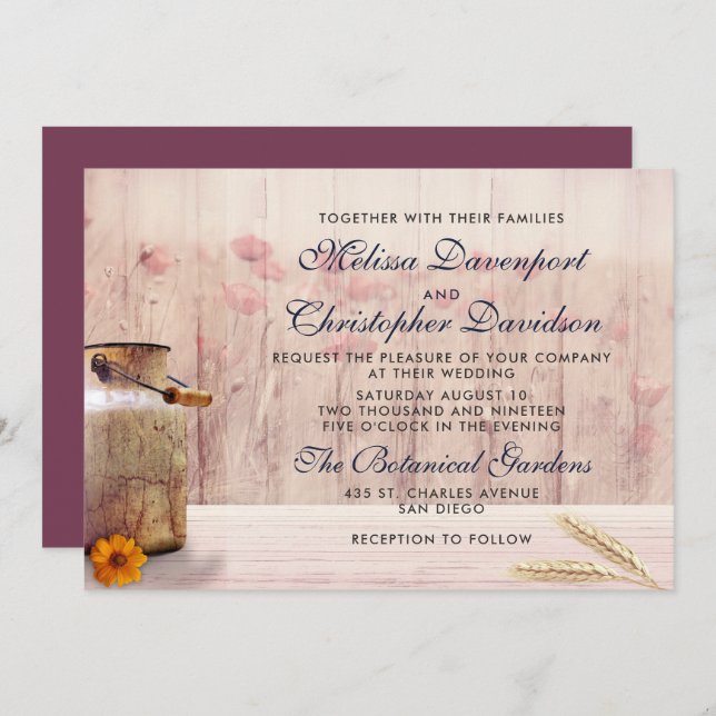 Rustic Milk Can with Wheat and Flowers Wedding Invitation (Front/Back)
