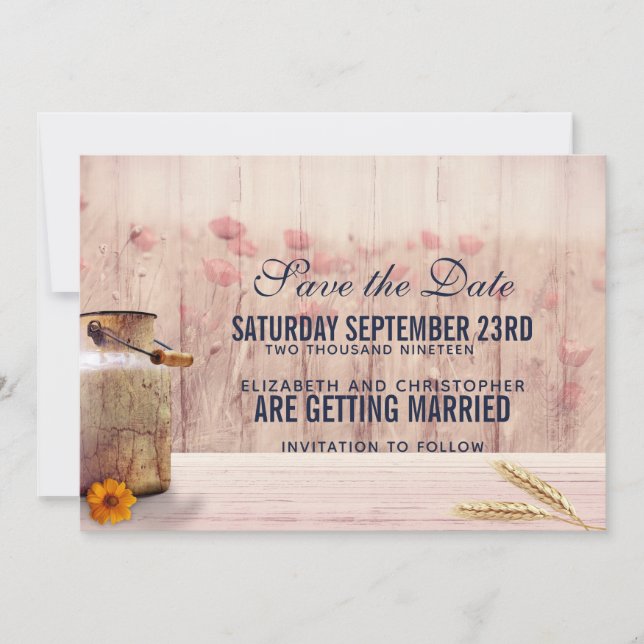 Rustic Milk Can with Wheat and Flowers Wedding Save The Date (Front)