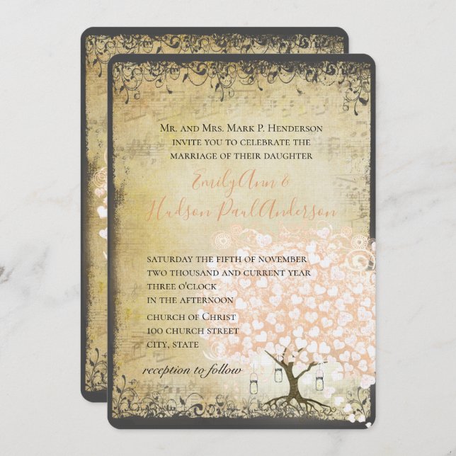 Rustic Millennial Pink Heart Leaf  Tree Wedding Invitation (Front/Back)