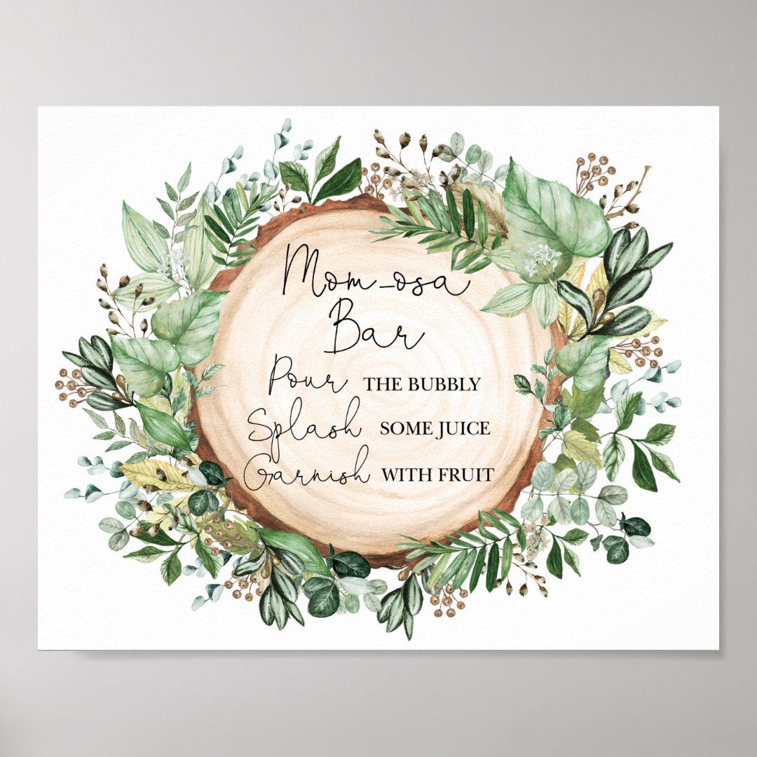 Rustic Mimosa Mom-osa Bar Greenery Baby Shower Poster | Zazzle