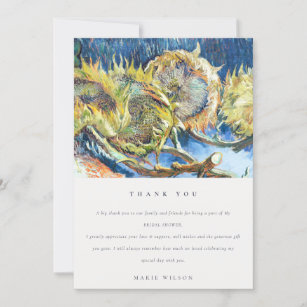 Rustic Minimal Blue Yellow Sunflower Bridal Shower Thank You Card
