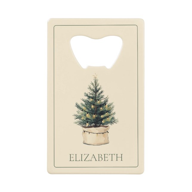 Rustic Minimal Christmas Tree Credit Card Bottle Opener (Front)