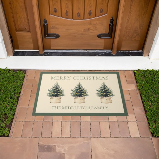 Rustic Minimal Christmas Tree Holiday Personalized Doormat (Outdoor)