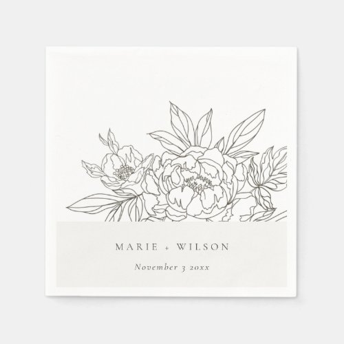 Rustic Minimal Elegant Brown Floral Sketch Wedding Napkins