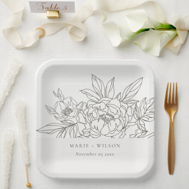 Rustic Minimal Elegant Brown Floral Sketch Wedding Paper Plates (Wedding)
